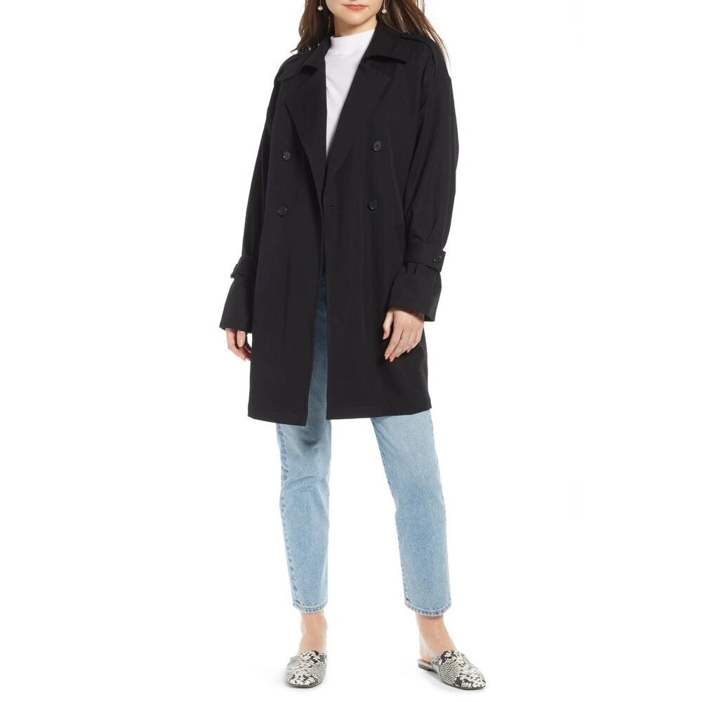 Something Navy Easy Oversized Trench Coat Black Jacket Classic Overcoat Long M